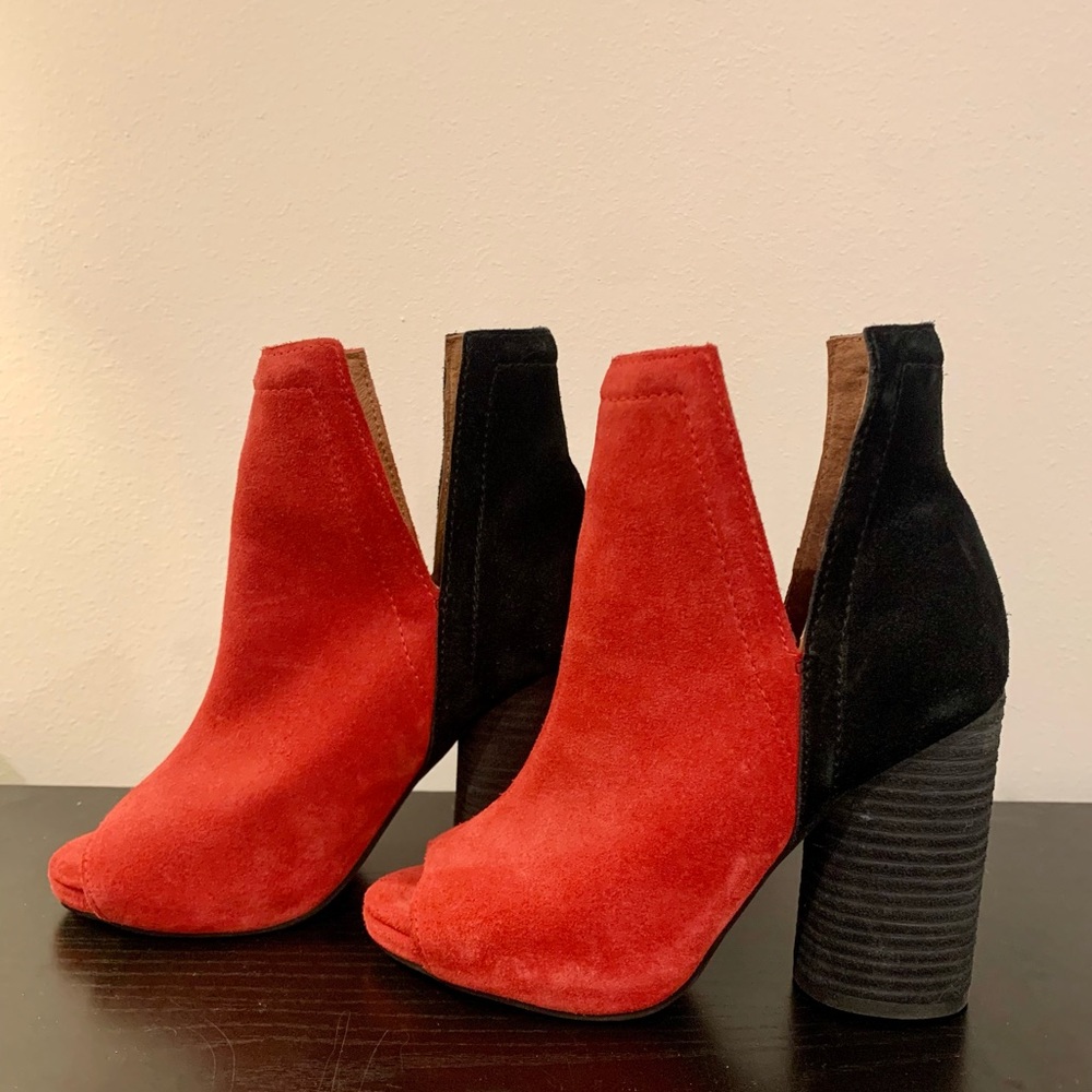 Red and black opened toe Jeffrey Campbell heels